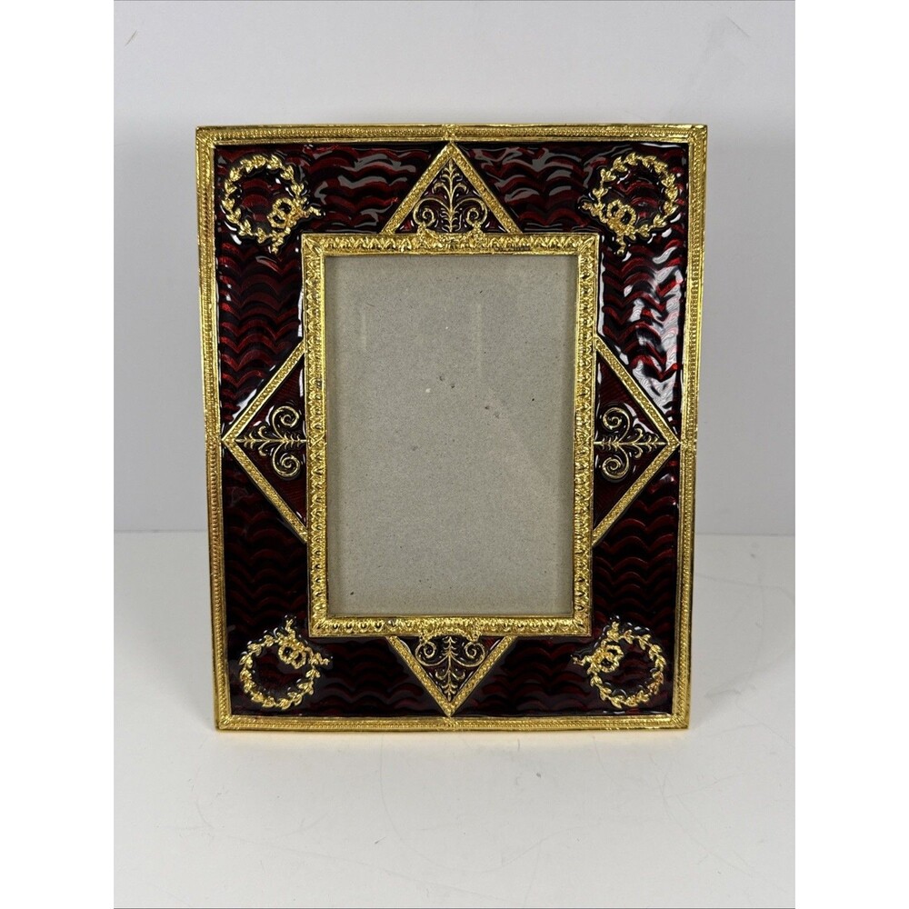 Vintage picture Frame red enamel with Gold ornate design 4.75in X 3.25in Photo